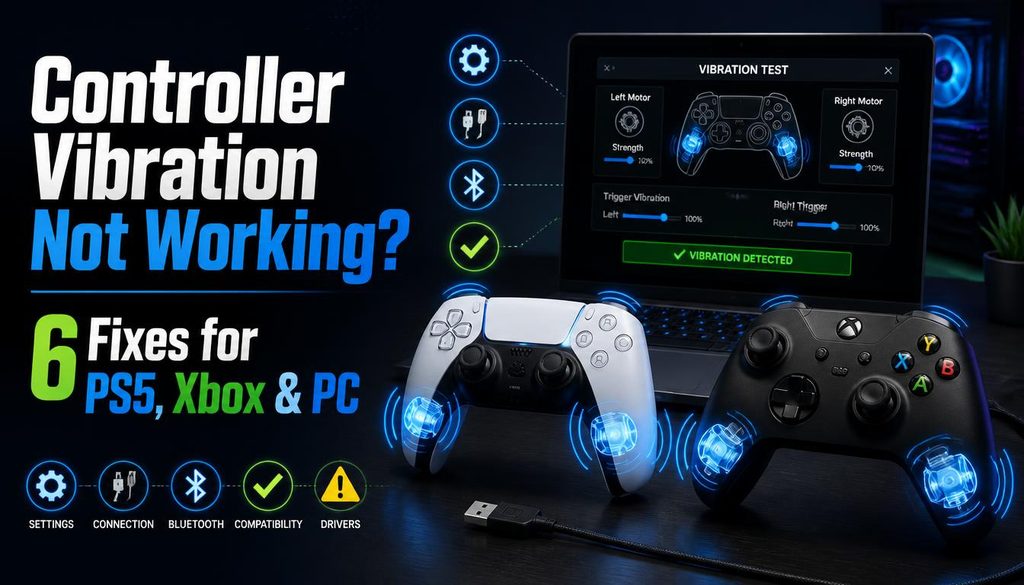 PS5, Xbox, and PC controllers beside a vibration test interface showing controller motor and trigger vibration controls.