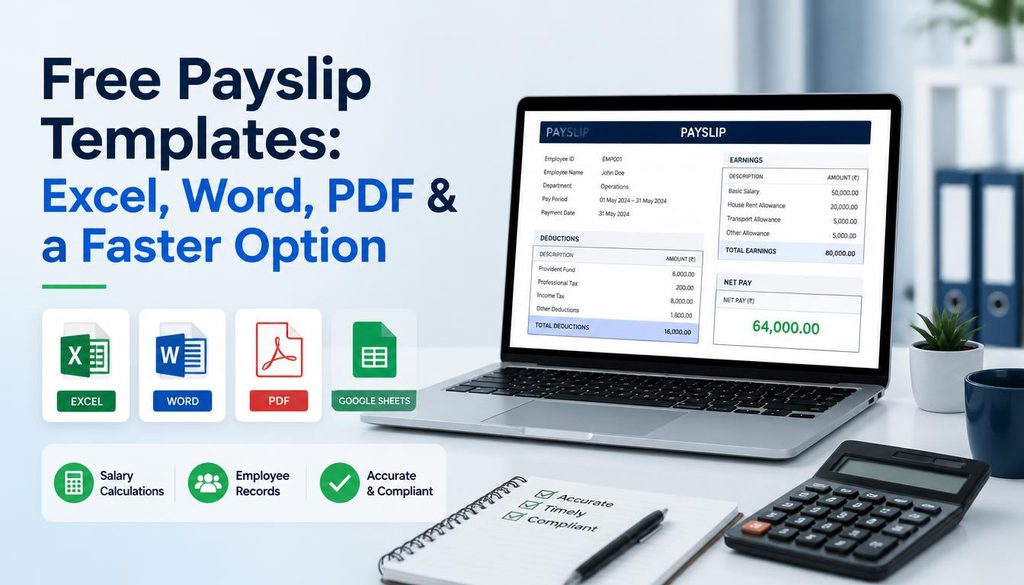 Free payslip templates banner showing Excel, Word, PDF, and Google Sheets options alongside a laptop displaying a payslip, with salary calculations, employee records, and accuracy indicators.