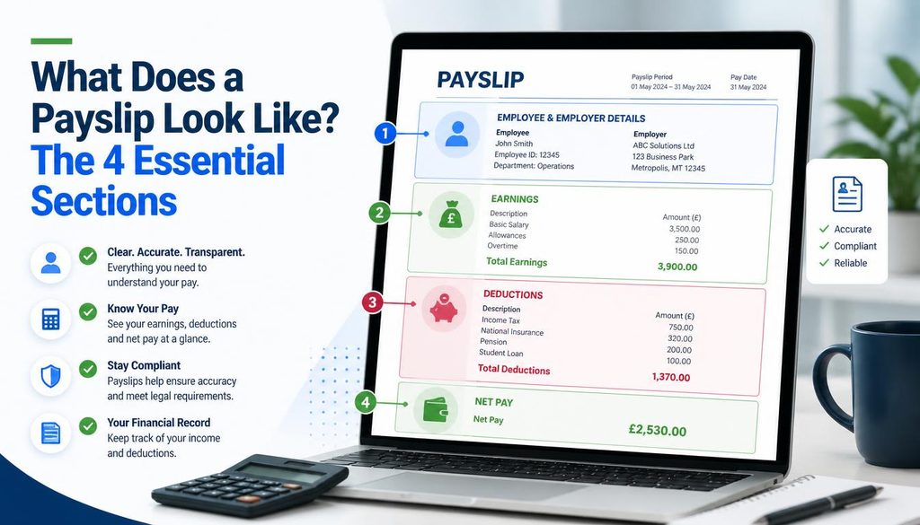 Professional payslip showing four key sections: employee details, earnings, deductions, and net pay, displayed on a laptop.