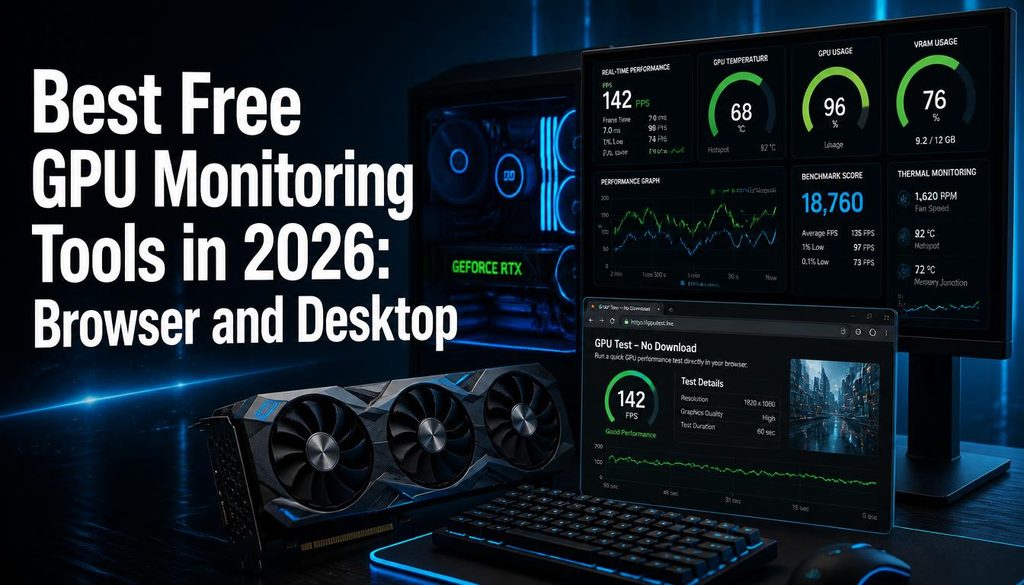 Best Free GPU Monitoring Tools in 2026: Browser and Desktop — a gaming PC with GPU monitoring dashboards showing FPS, temperature, GPU usage, VRAM, benchmark scores, and performance graphs.