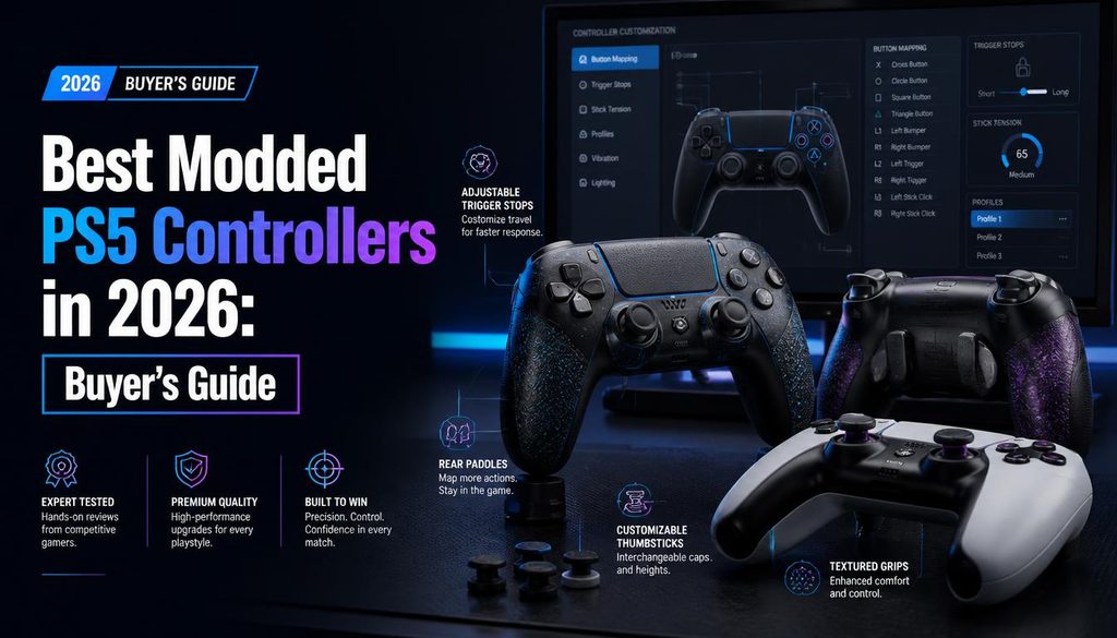 Custom modded PS5 controllers featuring back paddles, trigger stops, adjustable thumbsticks, and custom button mapping for a 2026 buyer’s guide.